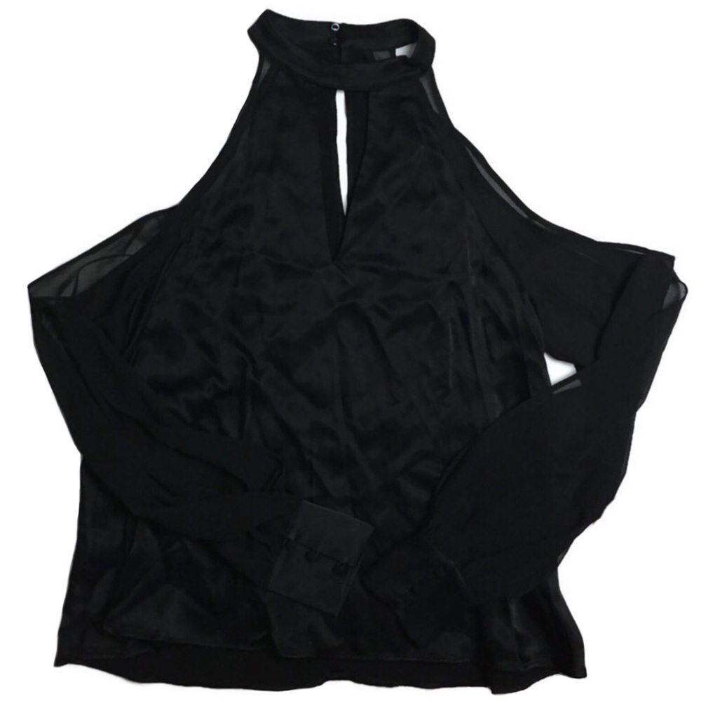 NWT Zara Cold Shoulder High Neck Keyhole Black Satin Blouse Size Small